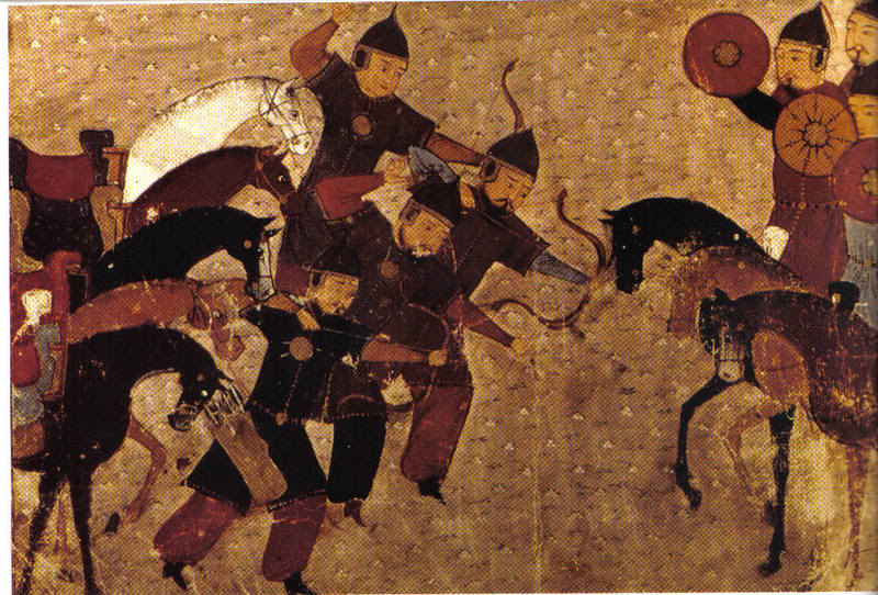 An Arab tapestry depicting the Mongols being defeated by the Mamluks in battle. Tapestry of Mongol defeat in battle.