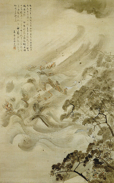 Mongol fleet being destroyed in the typhoon.